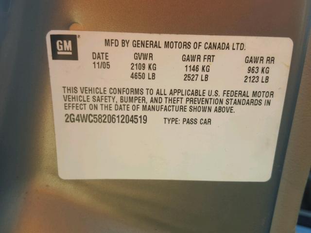 2G4WC582061204519 - 2006 BUICK LACROSSE C BEIGE photo 10