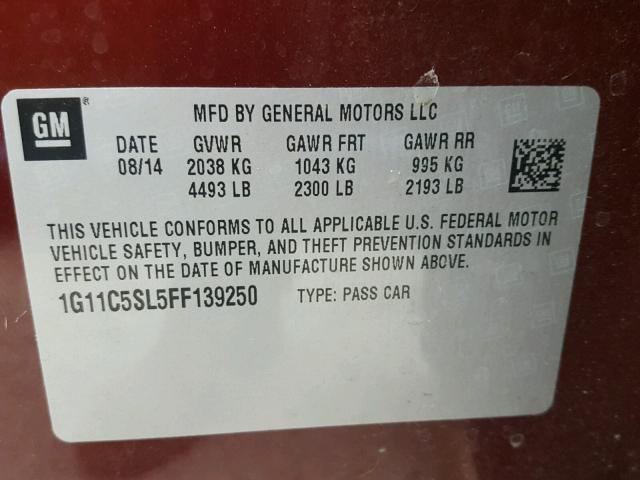 1G11C5SL5FF139250 - 2015 CHEVROLET MALIBU 1LT MAROON photo 10