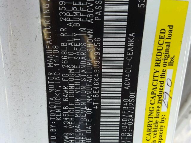4T1BE46K49U909256 - 2009 TOYOTA CAMRY BASE WHITE photo 10