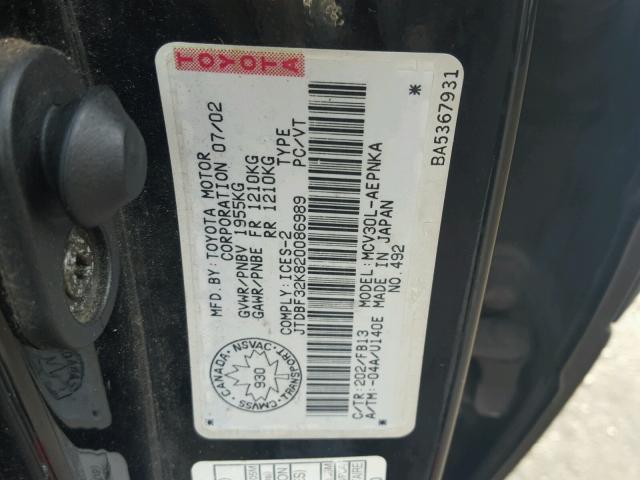 JTDBF32K820086989 - 2002 TOYOTA CAMRY LE BLACK photo 10