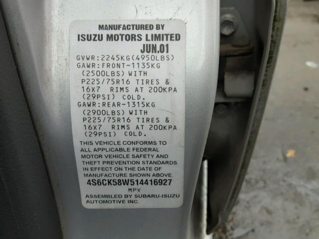 4S6CK58W514416927 - 2001 HONDA PASSPORT E SILVER photo 10