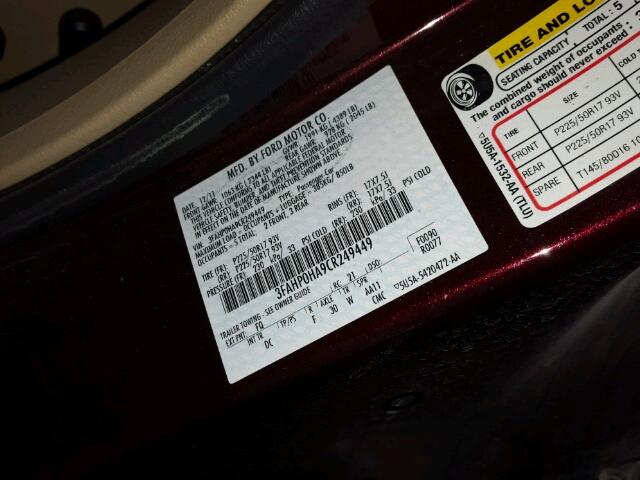 3FAHP0HA9CR249449 - 2012 FORD FUSION SE BURGUNDY photo 10