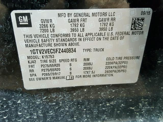 1GTV2VEC5FZ440834 - 2015 GMC SIERRA K15 BLACK photo 10