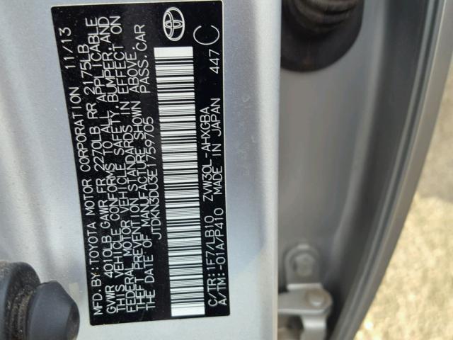 JTDKN3DU3E1759705 - 2014 TOYOTA PRIUS SILVER photo 10