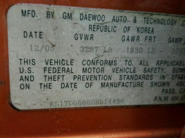 KL1TD66666B614409 - 2006 CHEVROLET AVEO BASE ნარინჯისფერი ფოტო 10