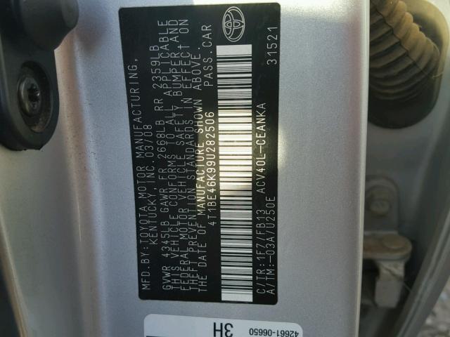 4T1BE46K99U282506 - 2009 TOYOTA CAMRY BASE SILVER photo 10