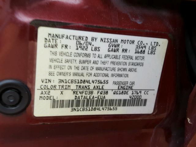 3N1CB51D84L475655 - 2004 NISSAN SENTRA 1.8 BURGUNDY photo 10