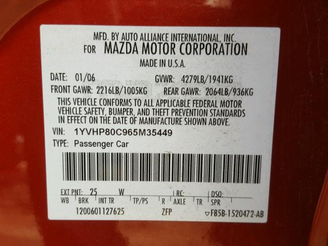 1YVHP80C965M35449 - 2006 MAZDA 6 I RED photo 10