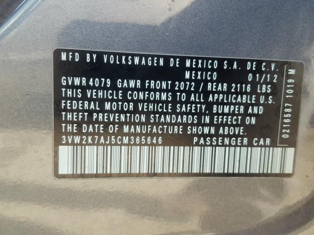 3VW2K7AJ5CM365646 - 2012 VOLKSWAGEN JETTA BASE 灰色 照片 10