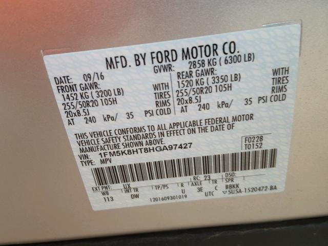 1FM5K8HT8HGA97427 - 2017 FORD EXPLORER P SILVER photo 10