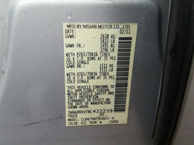 1N6AD0EV7BC422259 - 2011 NISSAN FRONTIER S SILVER photo 10