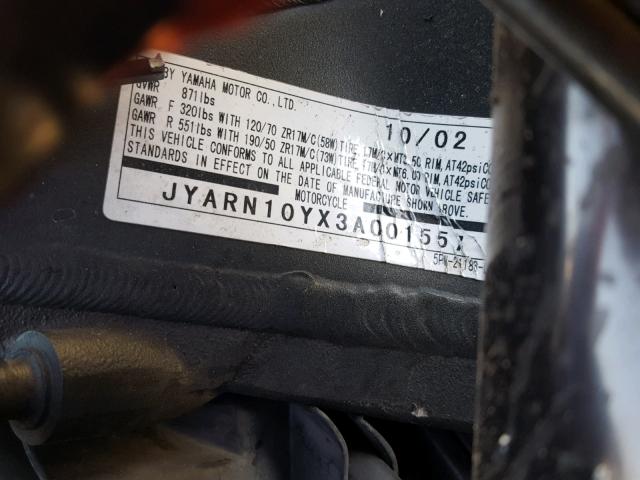 JYARN10YX3A001557 - 2003 YAMAHA YZFR1 BLACK photo 10