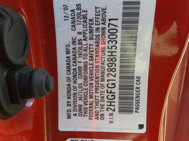 2HGFG12898H530071 - 2008 HONDA CIVIC EX RED photo 10