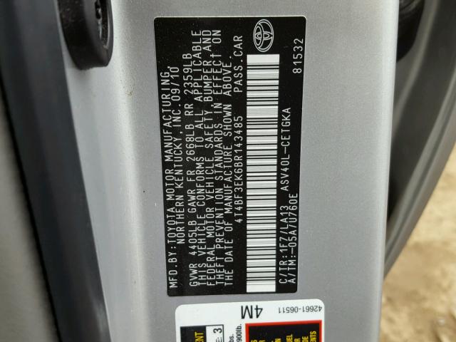 4T4BF3EK6BR143485 - 2011 TOYOTA CAMRY BASE SILVER photo 10