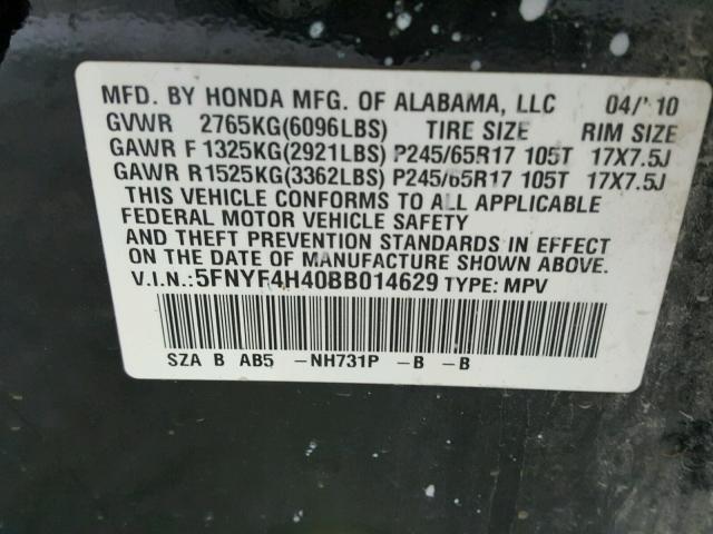 5FNYF4H40BB014629 - 2011 HONDA PILOT EX BLACK photo 10