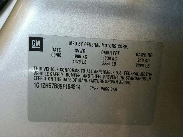 1G1ZH57B89F164314 - 2009 CHEVROLET MALIBU 1LT SILVER photo 10