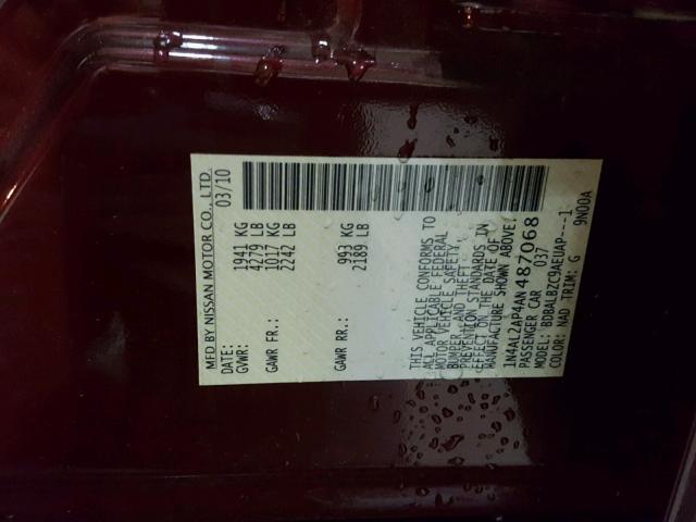 1N4AL2AP4AN487068 - 2010 NISSAN ALTIMA BAS MAROON photo 10