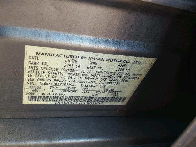 1N4BA41E17C801087 - 2007 NISSAN MAXIMA SE GRAY photo 10