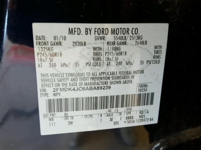 2FMDK4JC6ABA89239 - 2010 FORD EDGE SEL BLACK photo 10