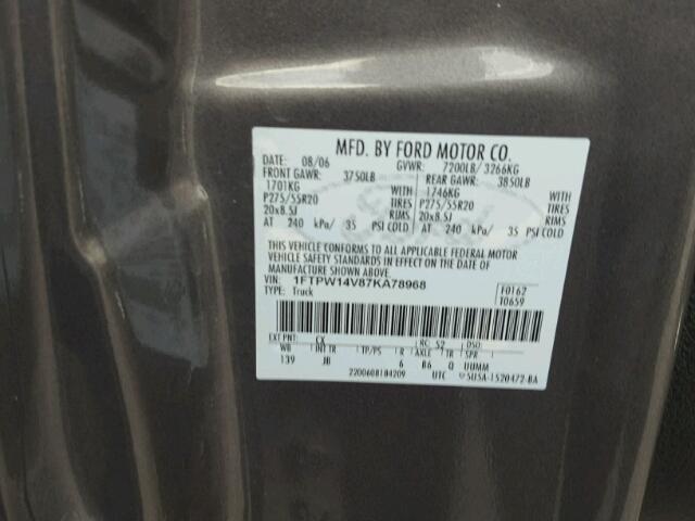 1FTPW14V87KA78968 - 2007 FORD F150 SUPER GRAY photo 10