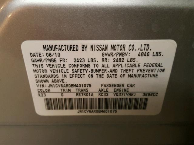 JN1CV6AR0BM401075 - 2011 INFINITI G37 SILVER photo 10