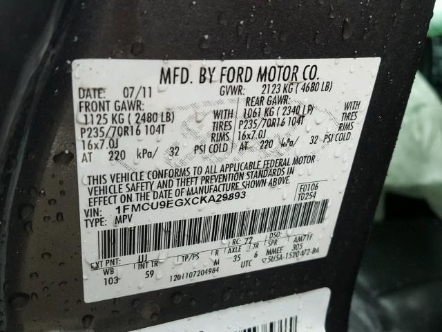 1FMCU9EGXCKA29893 - 2012 FORD ESCAPE LIM GRAY photo 10