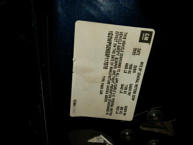 1G2WP52K63F117878 - 2003 PONTIAC GRAND PRIX BLUE photo 10