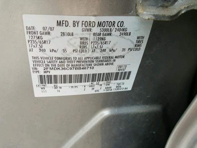 2FMDK36C97BB46710 - 2007 FORD EDGE SE SILVER photo 10