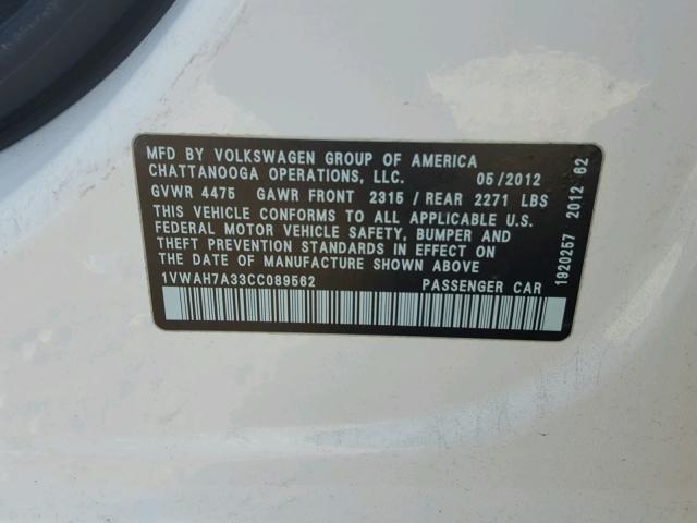 1VWAH7A33CC089562 - 2012 VOLKSWAGEN PASSAT S أبيض صورة 10