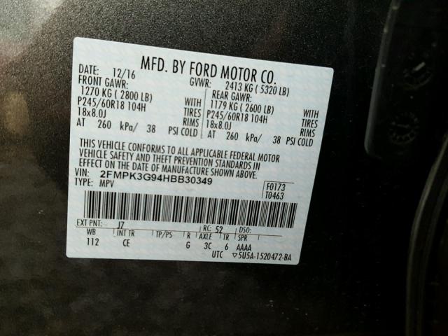 2FMPK3G94HBB30349 - 2017 FORD EDGE SE GRAY photo 10