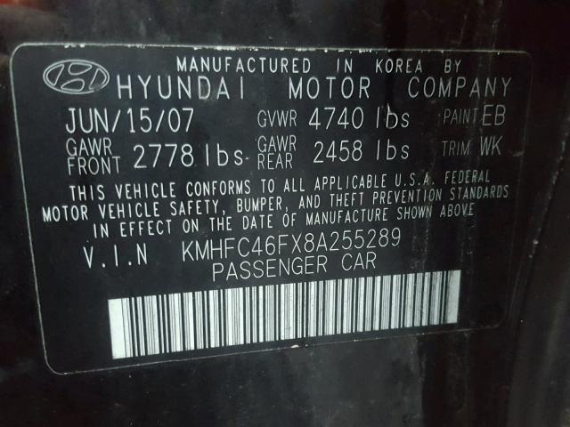 KMHFC46FX8A255289 - 2008 HYUNDAI AZERA SE BLACK photo 10