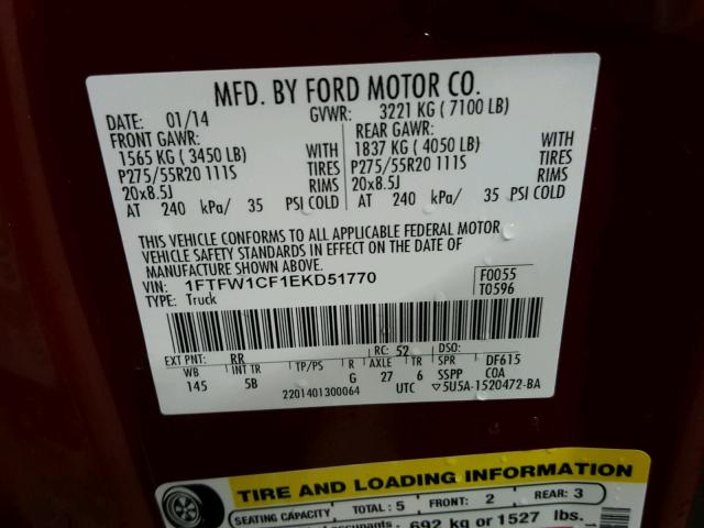 1FTFW1CF1EKD51770 - 2014 FORD F150 SUPER MAROON photo 10