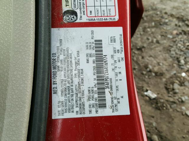 3FAFP07ZX6R169774 - 2006 FORD FUSION SE RED photo 10