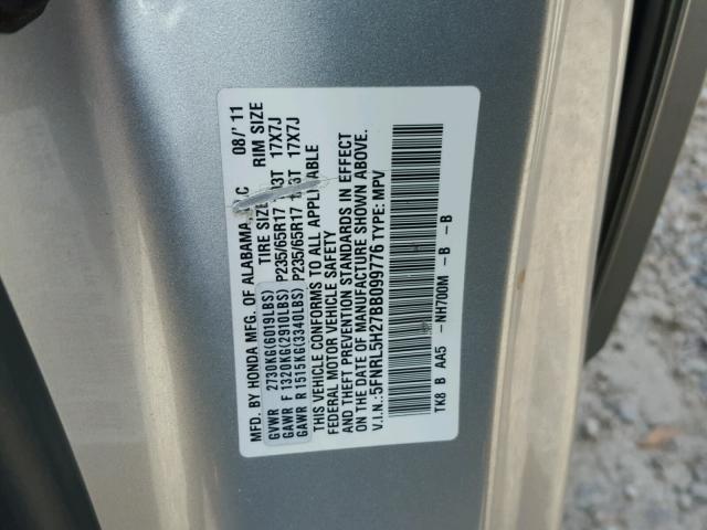 5FNRL5H27BB099776 - 2011 HONDA ODYSSEY LX SILVER photo 10