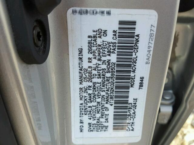 4T1BE32K02U599502 - 2002 TOYOTA CAMRY LE SILVER photo 10