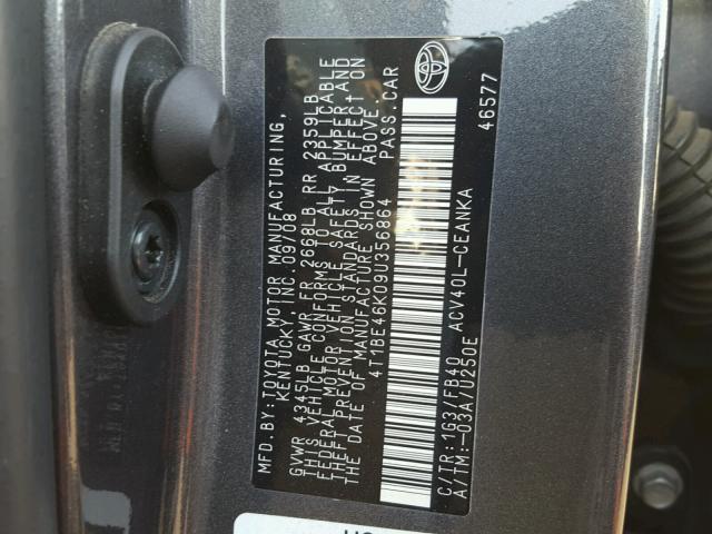 4T1BE46K09U356864 - 2009 TOYOTA CAMRY BASE GRAY photo 10