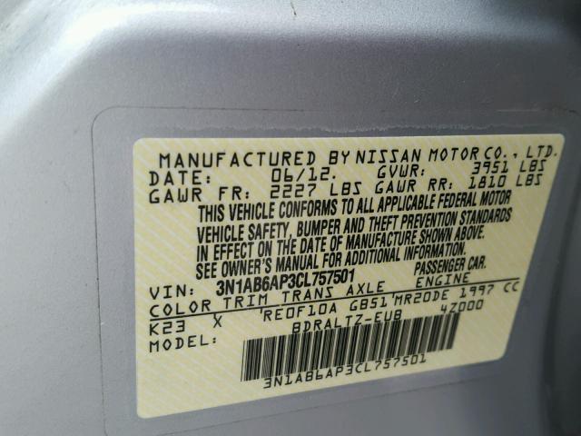 3N1AB6AP3CL757501 - 2012 NISSAN SENTRA 2.0 SILVER photo 10