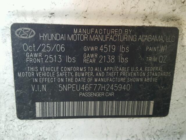 5NPEU46F77H245940 - 2007 HYUNDAI SONATA SE WHITE photo 10