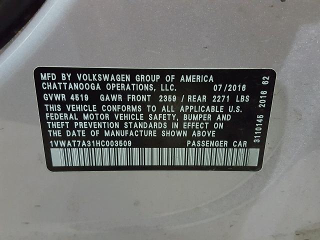 1VWAT7A31HC003509 - 2017 VOLKSWAGEN PASSAT S SILVER photo 10