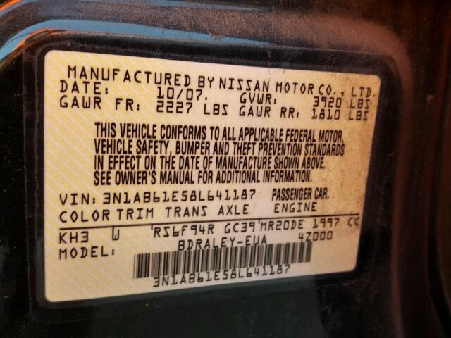 3N1AB61E58L641187 - 2008 NISSAN SENTRA 2.0 BLACK photo 10