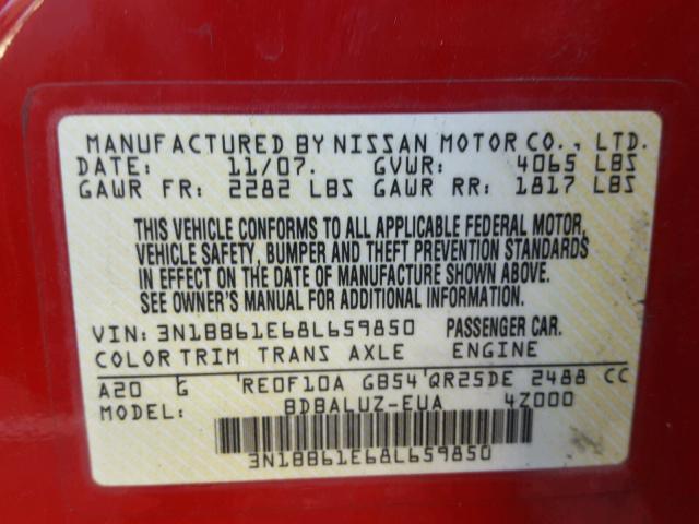 3N1BB61E68L659850 - 2008 NISSAN SENTRA SE- RED photo 10