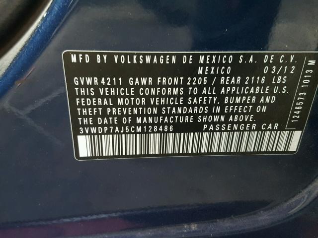 3VWDP7AJ5CM128486 - 2012 VOLKSWAGEN JETTA SE Mavi foto 10