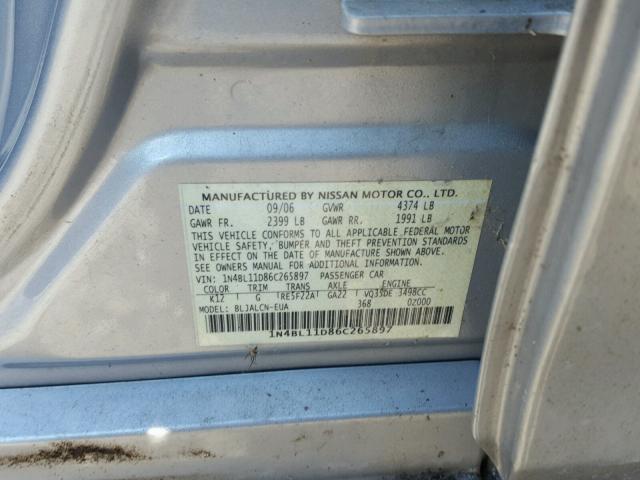 1N4BL11D86C265897 - 2006 NISSAN ALTIMA SE SILVER photo 10