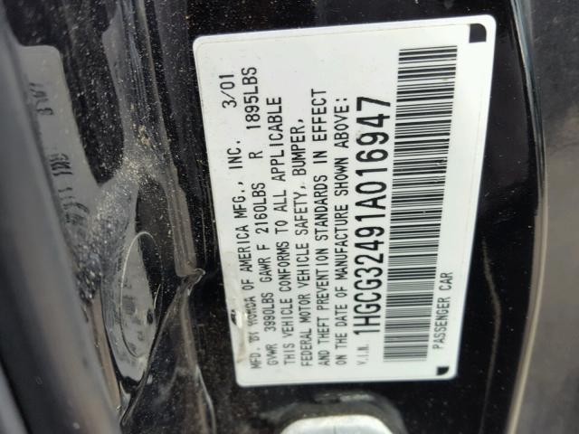 1HGCG32491A016947 - 2001 HONDA ACCORD LX BLACK photo 10