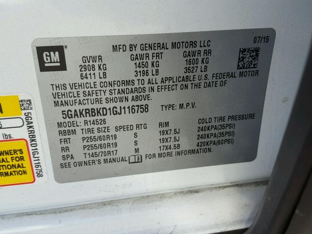 5GAKRBKD1GJ116758 - 2016 BUICK ENCLAVE თეთრი ფოტო 10