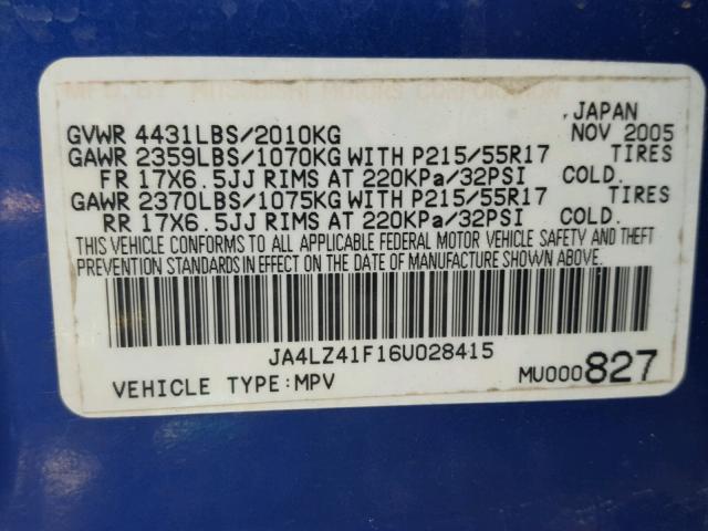 JA4LZ41F16U028415 - 2006 MITSUBISHI OUTLANDER BLUE photo 10