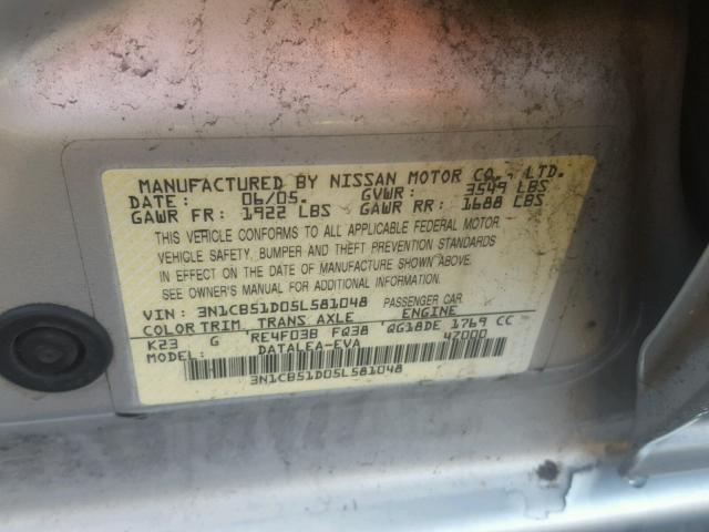 3N1CB51D05L581048 - 2005 NISSAN SENTRA 1.8 SILVER photo 10