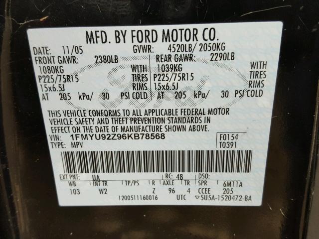 1FMYU92Z96KB78568 - 2006 FORD ESCAPE XLS BLACK photo 10