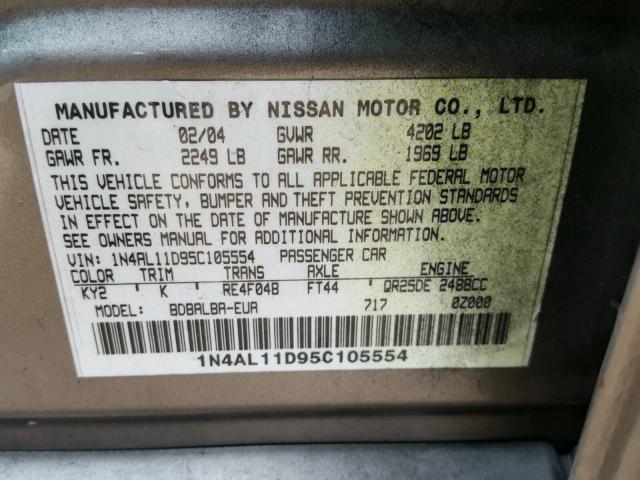 1N4AL11D95C105554 - 2005 NISSAN ALTIMA S GRAY photo 10