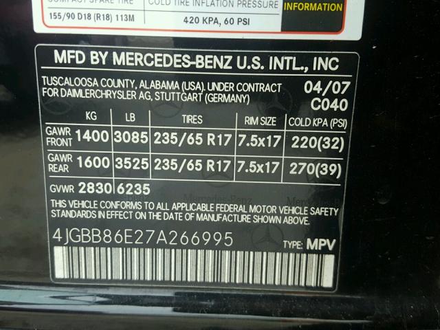 4JGBB86E27A266995 - 2007 MERCEDES-BENZ ML 350 BLACK photo 10